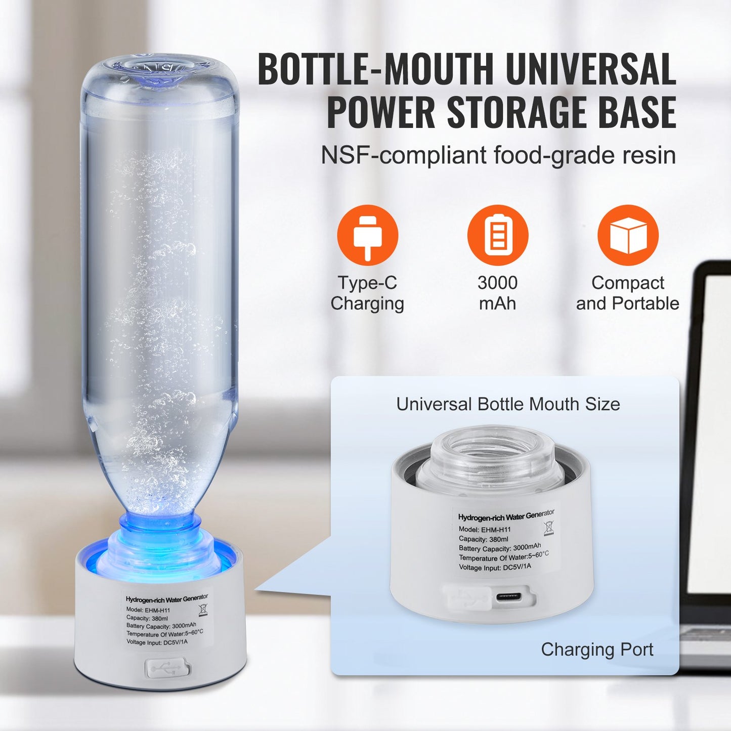 Hydrogen Water Bottle Generator, 380 ml / 13,4 oz Kapacitet Bärbar Hydrogen Water Maker, SPE Technology Hydrogen Rich Water Ionizer Machine med Nasal Inhalationsslang och självrengörande