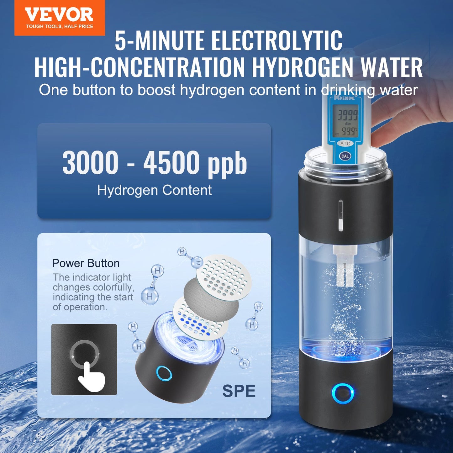 Hydrogen Water Bottle Generator, 230 ml / 8,1 oz Kapacitet Bärbar Hydrogen Water Maker, SPE Technology Hydrogen Rich Water Ionizer Machine med Nasal Inhalationsslang och självrengörande