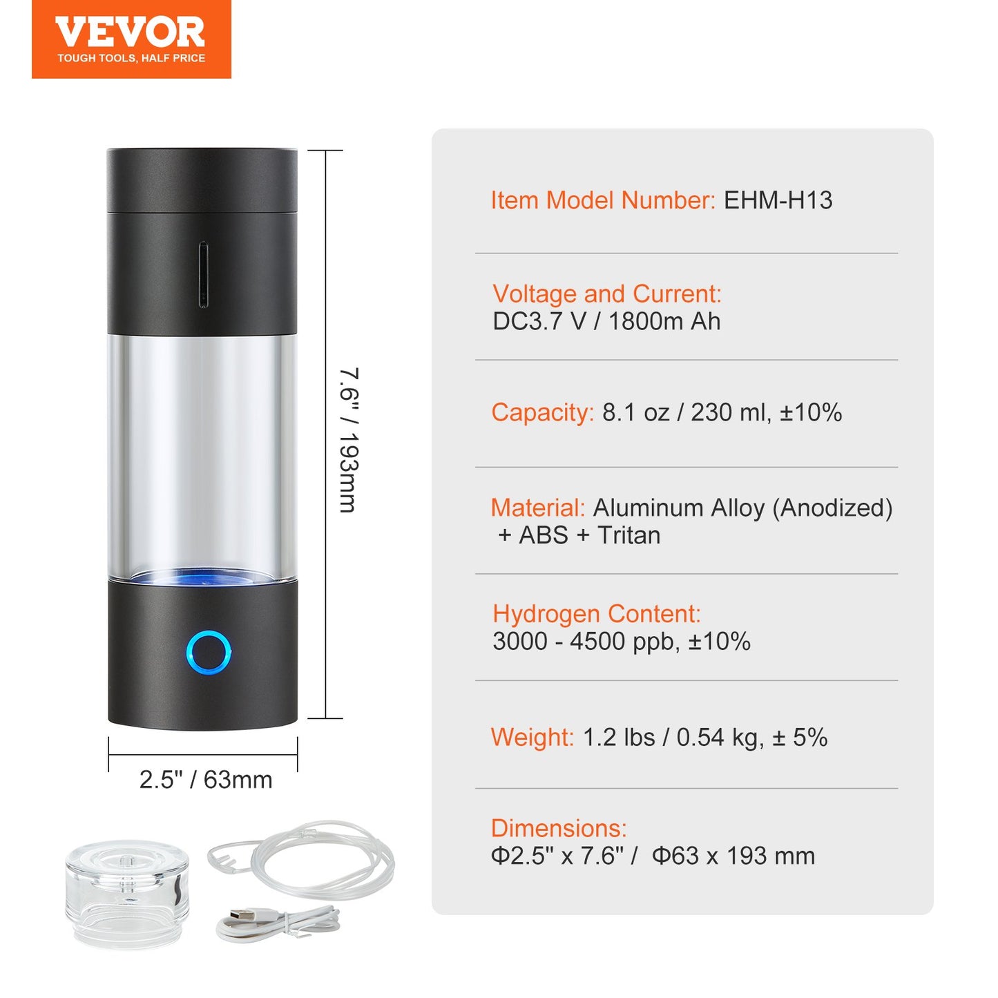 Hydrogen Water Bottle Generator, 230 ml / 8.1 oz Capacity Portable Hydrogen Water Maker, SPE Technology Hydrogen Rich Water Ionizer Machine with Nasal Inhalation Tube and Self-Cleaning