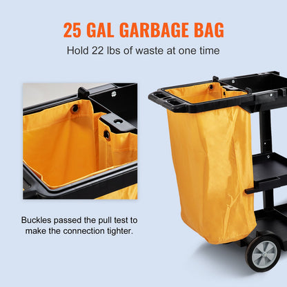 Cleaning Cart, 3-Shelf Commercial Janitorial Cart, 200 lbs Capacity Plastic Housekeeping Cart, with 25 Gallon PVC Bag, 47 x 20 x 38.6in, Yellow & Black