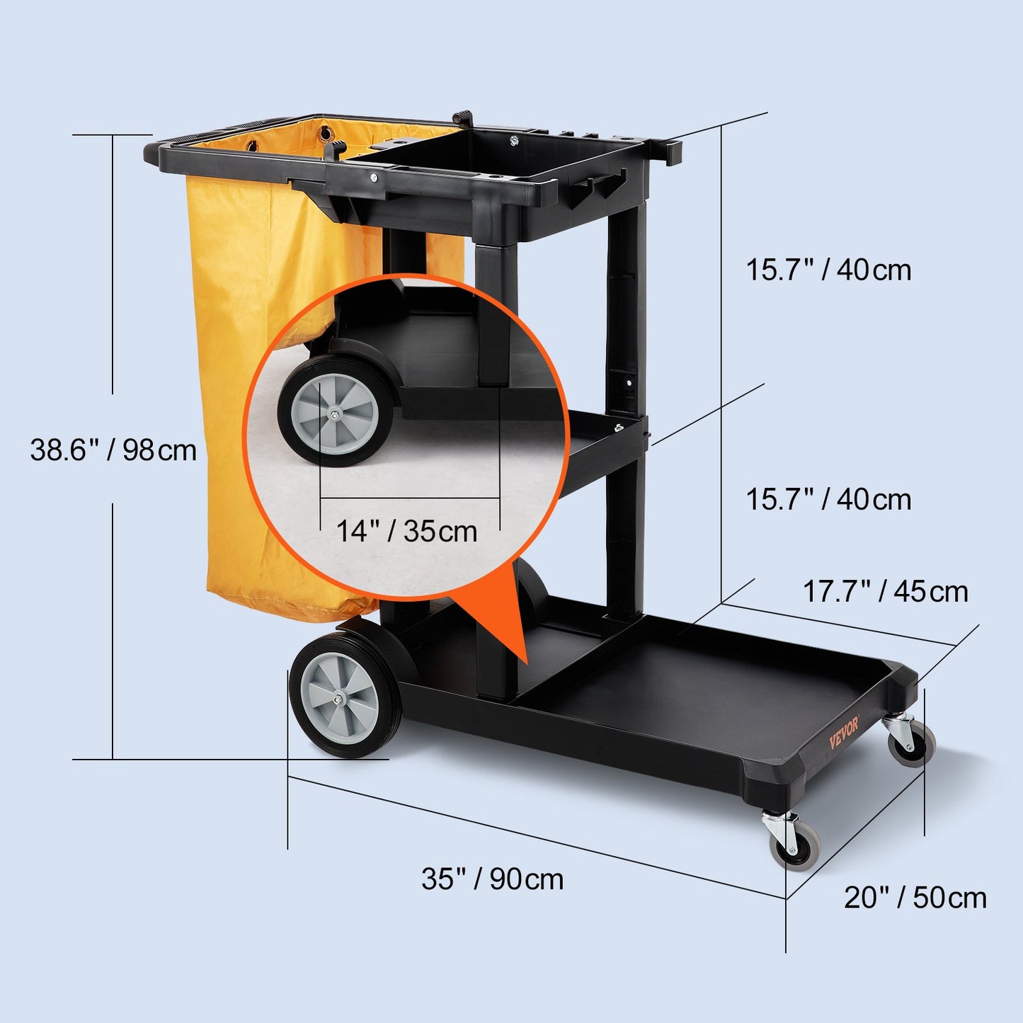 Cleaning Cart, 3-Shelf Commercial Janitorial Cart, 200 lbs Capacity Plastic Housekeeping Cart, with 25 Gallon PVC Bag, 47 x 20 x 38.6in, Yellow & Black