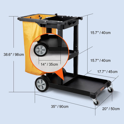 Cleaning Cart, 3-Shelf Commercial Janitorial Cart, 200 lbs Capacity Plastic Housekeeping Cart, with 25 Gallon PVC Bag, 47 x 20 x 38.6in, Yellow & Black