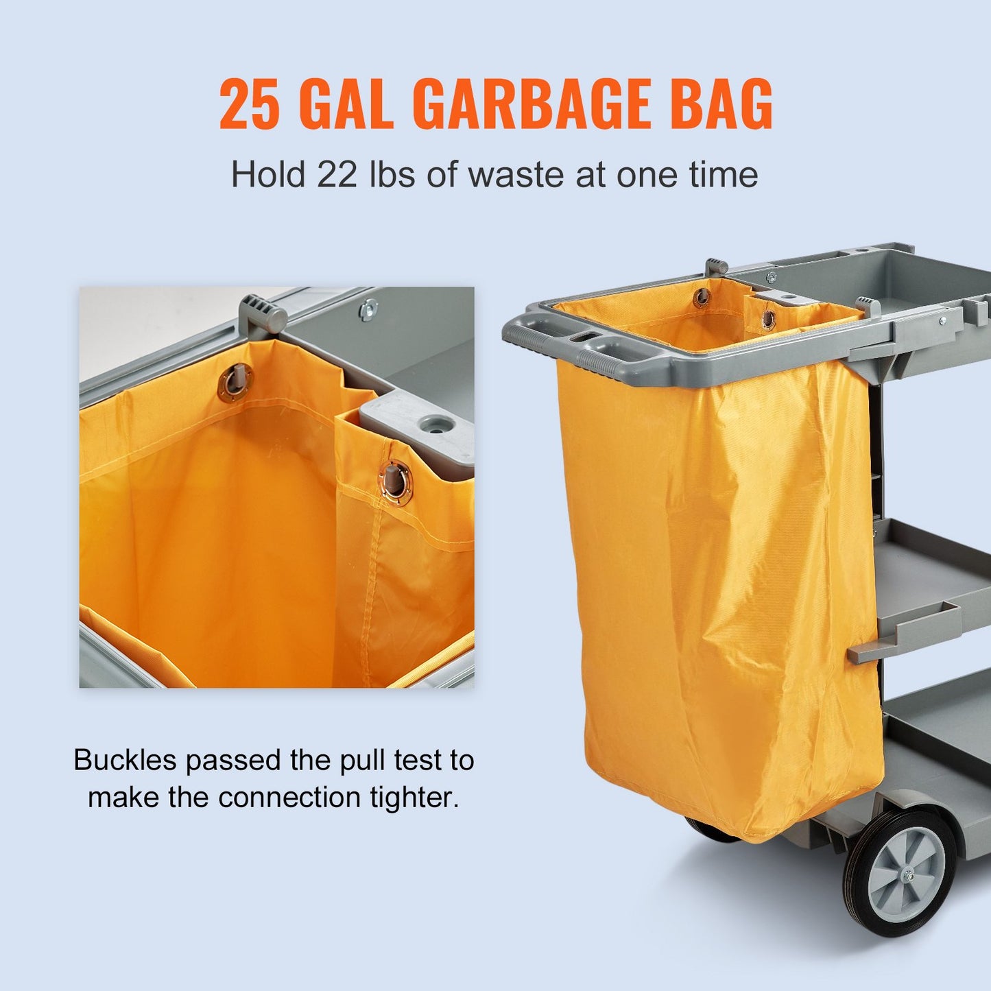 Cleaning Cart, 3-Shelf Commercial Janitorial Cart, 200 lbs Capacity Plastic Housekeeping Cart, with 25 Gallon PVC Bag, 47" x 20" x 38.6", Yellow+Grey