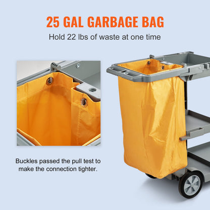 Cleaning Cart, 3-Shelf Commercial Janitorial Cart, 200 lbs Capacity Plastic Housekeeping Cart, with 25 Gallon PVC Bag, 47" x 20" x 38.6", Yellow+Grey