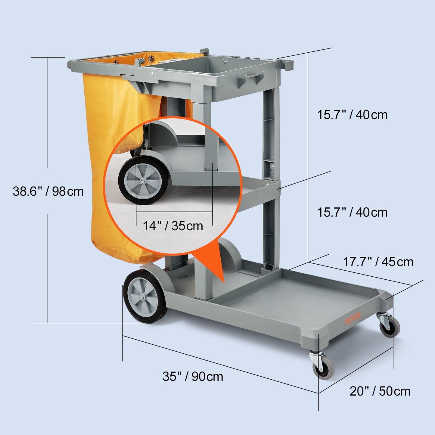 Cleaning Cart, 3-Shelf Commercial Janitorial Cart, 200 lbs Capacity Plastic Housekeeping Cart, with 25 Gallon PVC Bag, 47" x 20" x 38.6", Yellow+Grey
