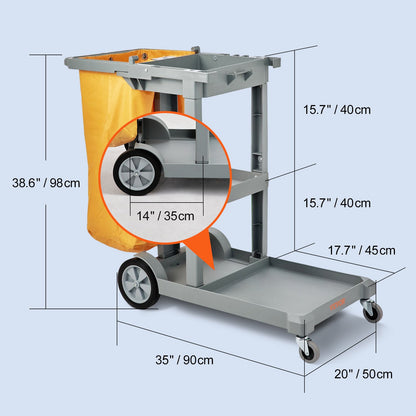 Cleaning Cart, 3-Shelf Commercial Janitorial Cart, 200 lbs Capacity Plastic Housekeeping Cart, with 25 Gallon PVC Bag, 47" x 20" x 38.6", Yellow+Grey