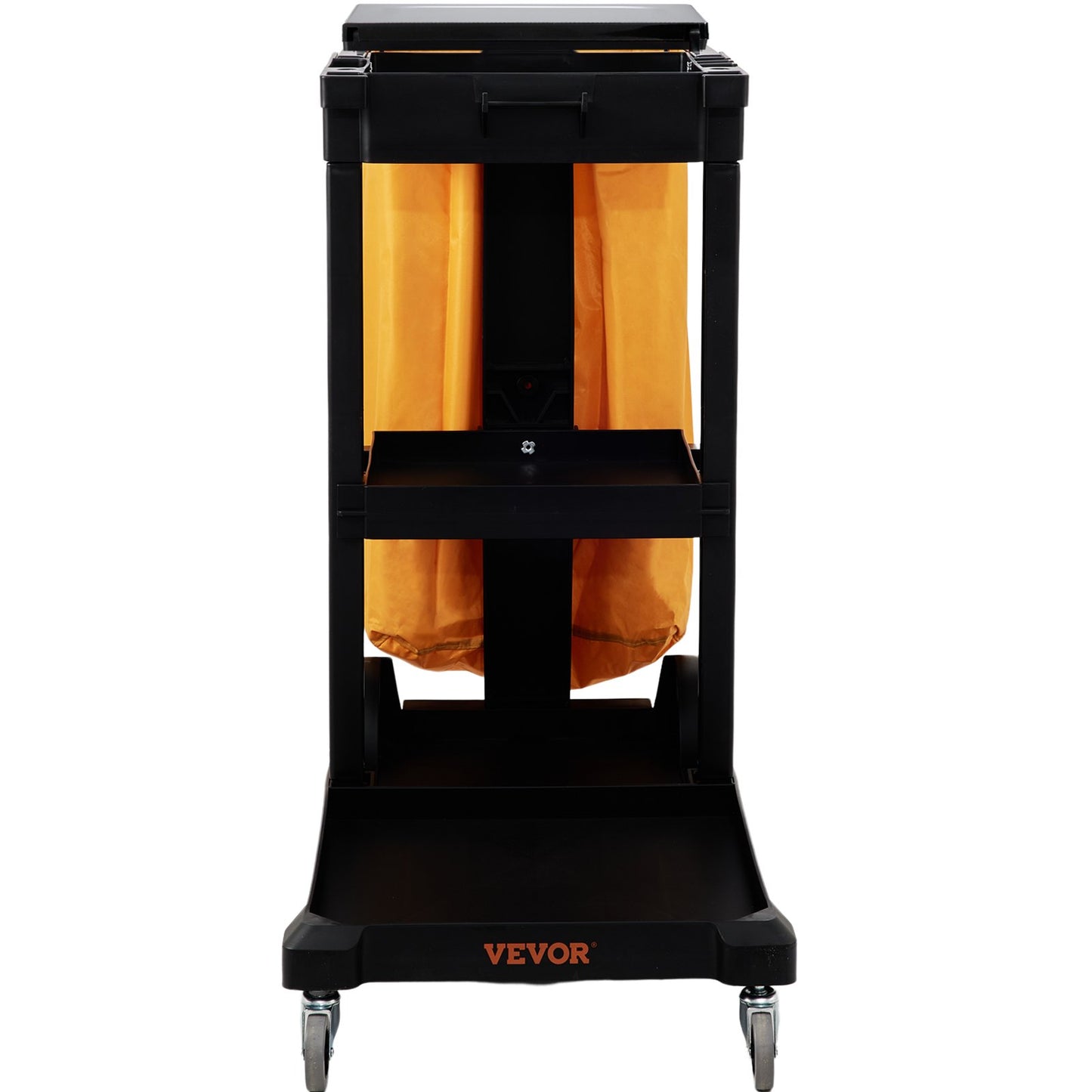 Städvagn, kommersiell vaktmästarvagn med 3 hyllor, 200 lbs kapacitet hushållsvagn i plast, med 25 gallon PVC-påse och lock, 47" x 20" x 38,6", gul+svart