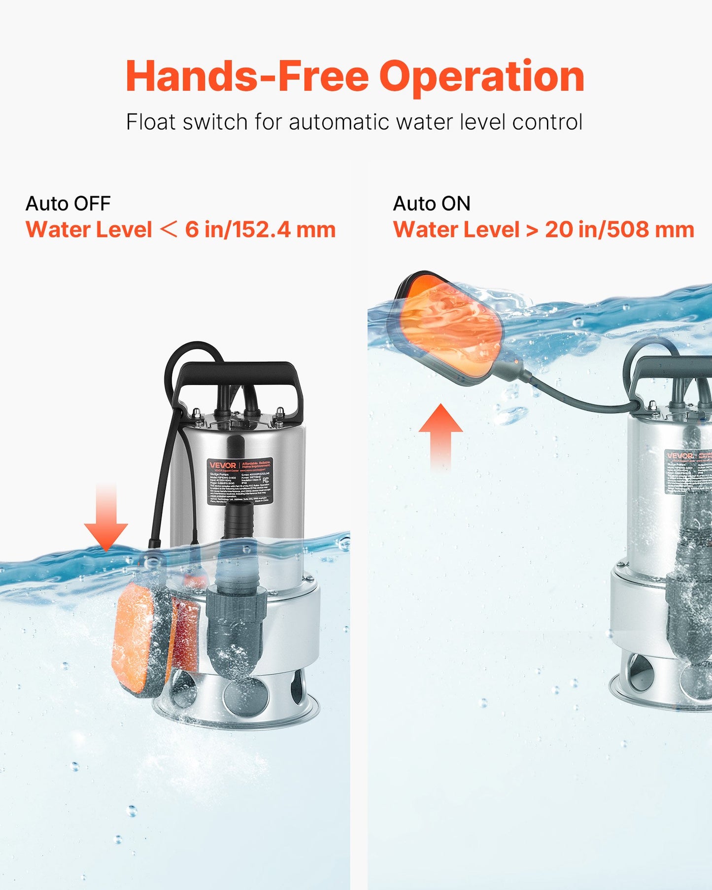 0.68 HP Submersible Sump Pump, 4000 GPH, Stainless Steel Submersible Sewage Dirty Clean Water Pump with Automatic Float Switch, Long Cord, 30 ft Max Lift, for Pools, Garden, Flooded Basement