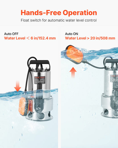 0.68 HP Submersible Sump Pump, 4000 GPH, Stainless Steel Submersible Sewage Dirty Clean Water Pump with Automatic Float Switch, Long Cord, 30 ft Max Lift, for Pools, Garden, Flooded Basement