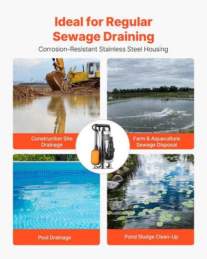 0.68 HP Submersible Sump Pump, 4000 GPH, Stainless Steel Submersible Sewage Dirty Clean Water Pump with Automatic Float Switch, Long Cord, 30 ft Max Lift, for Pools, Garden, Flooded Basement