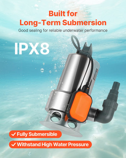 0.68 HP Submersible Sump Pump, 4000 GPH, Stainless Steel Submersible Sewage Dirty Clean Water Pump with Automatic Float Switch, Long Cord, 30 ft Max Lift, for Pools, Garden, Flooded Basement