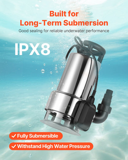 1 HP Submersible Sump Pump, 5500 GPH, Stainless Steel Submersible Sewage Dirty Clean Water Pump with Automatic Float Switch, Long Cord, 30 ft Max Lift, for Pools, Garden, Pond, Flooded Areas