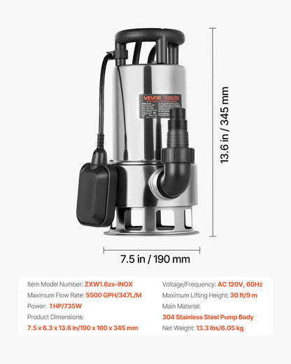 1 HP Submersible Sump Pump, 5500 GPH, Stainless Steel Submersible Sewage Dirty Clean Water Pump with Automatic Float Switch, Long Cord, 30 ft Max Lift, for Pools, Garden, Pond, Flooded Areas