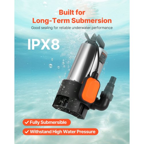 710W dränkbar sumppump, 20000 l/h, dränkbar avloppspump i rostfritt stål för smutsigt rent vatten med automatisk flottörbrytare, lång sladd, 9 m maxlyft, för pooler, trädgård, dammar, översvämmade områden |  EU