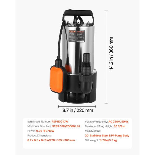 710W dränkbar sumppump, 20000 l/h, dränkbar avloppspump i rostfritt stål för smutsigt rent vatten med automatisk flottörbrytare, lång sladd, 9 m maxlyft, för pooler, trädgård, dammar, översvämmade områden |  EU