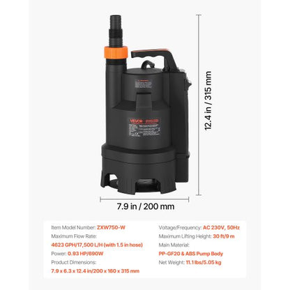 690W dränkbar sumppump, 17500 l/h, PP-GF20 dränkbar avloppspump för smutsigt rent vatten med automatisk flottörbrytare, lång sladd, 9 m maxlyft, för pooler, trädgård, dammar, översvämmade områden |  EU