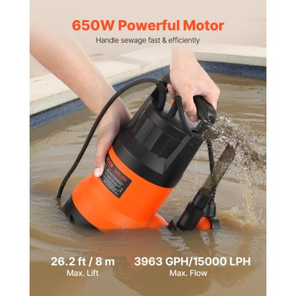 650W dränkbar sumppump, 15000 l/h, PP-GF20 dränkbar avloppspump för smutsigt rent vatten med automatisk flottörbrytare, lång sladd, 8 m maxlyft, för pooler, trädgård, dammar, översvämmade områden |  EU