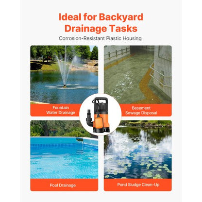 650W dränkbar sumppump, 15000 l/h, PP-GF20 dränkbar avloppspump för smutsigt rent vatten med automatisk flottörbrytare, lång sladd, 8 m maxlyft, för pooler, trädgård, dammar, översvämmade områden |  EU