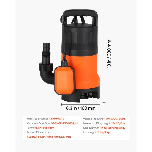 650W dränkbar sumppump, 15000 l/h, PP-GF20 dränkbar avloppspump för smutsigt rent vatten med automatisk flottörbrytare, lång sladd, 8 m maxlyft, för pooler, trädgård, dammar, översvämmade områden |  EU