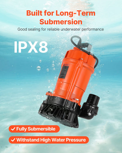 1/2 HP Submersible Trash Pump, 2000 GPH, 120V Cast Iron Submersible Sump Sewage Pump with 2 in Discharge, 39 ft Max Lift, Drain Dirty Clean Water, for Pools, Garden, Pond, Basement, Flooded Area