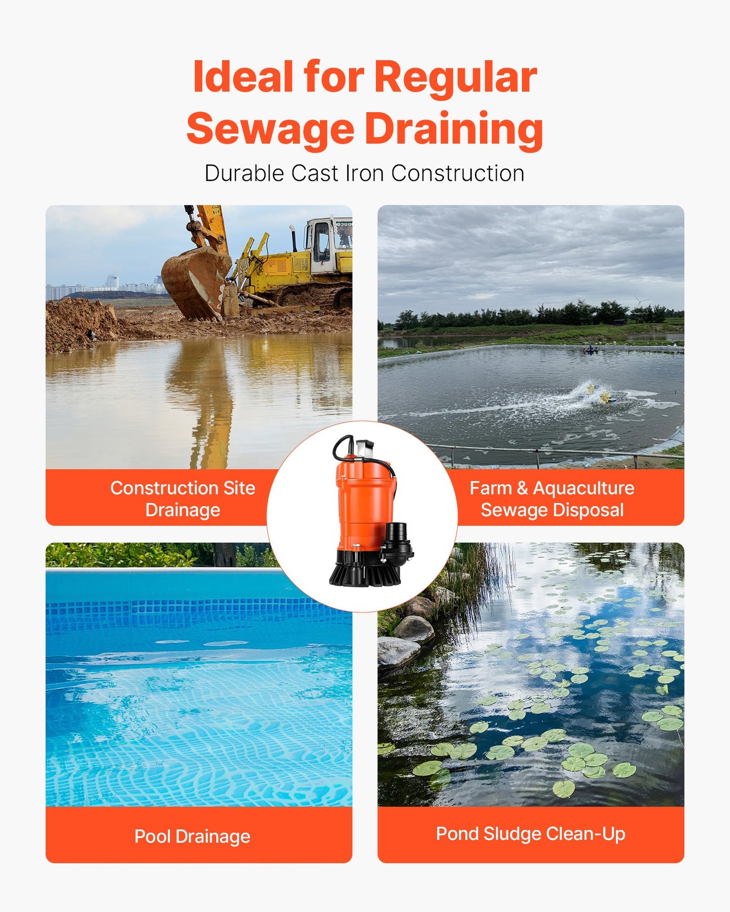 1/2 HP Submersible Trash Pump, 2000 GPH, 120V Cast Iron Submersible Sump Sewage Pump with 2 in Discharge, 39 ft Max Lift, Drain Dirty Clean Water, for Pools, Garden, Pond, Basement, Flooded Area