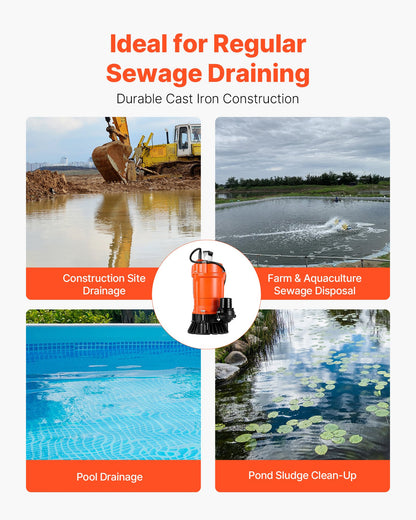 1/2 HP Submersible Trash Pump, 2000 GPH, 120V Cast Iron Submersible Sump Sewage Pump with 2 in Discharge, 39 ft Max Lift, Drain Dirty Clean Water, for Pools, Garden, Pond, Basement, Flooded Area