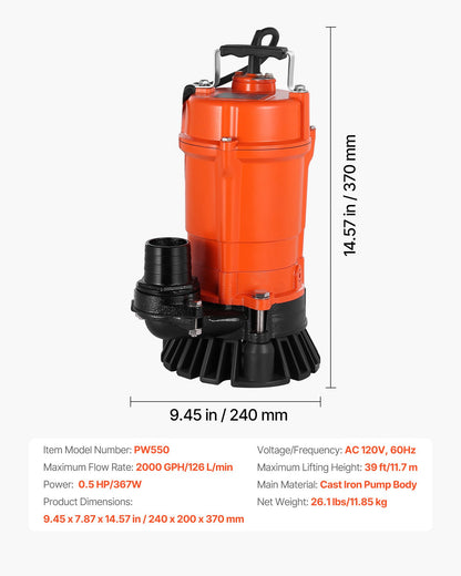 1/2 HP Submersible Trash Pump, 2000 GPH, 120V Cast Iron Submersible Sump Sewage Pump with 2 in Discharge, 39 ft Max Lift, Drain Dirty Clean Water, for Pools, Garden, Pond, Basement, Flooded Area