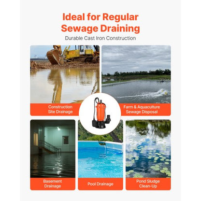 1500W dränkbar avloppspump, 21000 l/h, dränkbar avloppspump i gjutjärn med automatisk flottörbrytare, 18 m maxlyft, dränerar smutsigt rent vatten, för pooler, trädgårdar, dammar, översvämmade områden |  EU