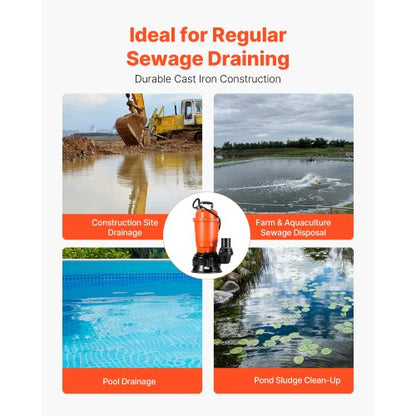 550W dränkbar avloppspump, 18000 l/h, dränkbar avloppspump i gjutjärn med 5 cm utlopp, 10 m maxlyft, dränerar smutsigt rent vatten, för pooler, trädgård, dammar, källare, översvämmade områden |  EU