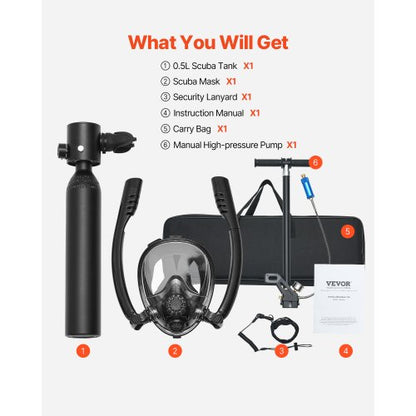 0.5 L Scuba Tank 32.81 ft Diving Depth Portable Diving Tank with Pump | EU