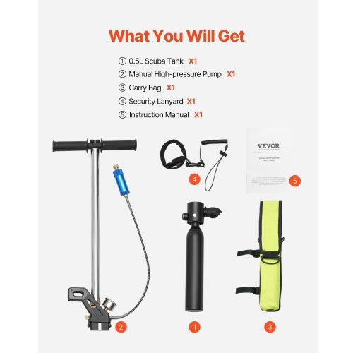 0.5L Scuba Tank 98.43ft Diving Depth Refillable Snorkel Air Tank with Pump | EU
