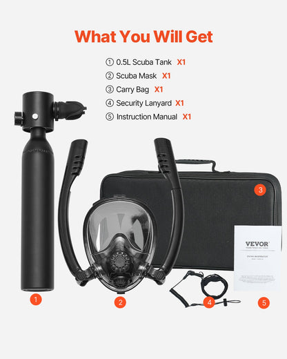 Scuba Tank, 0.5L Portable Scuba Diving Tank, Diving Oxygen Cylinder Supports 5-10 Minutes Underwater Breathing, 98.43 ft Diving Depth, Lung Tank Kit with Snorkel Mask for Underwater Exploration