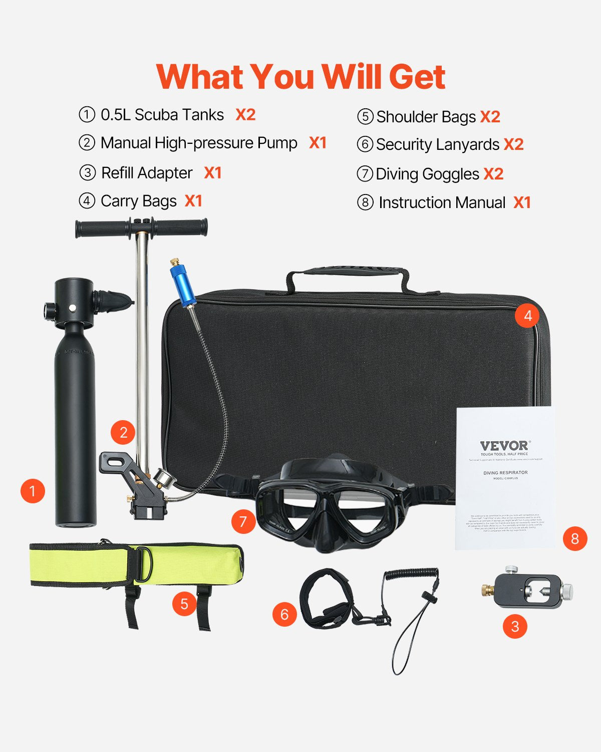 Scuba Tank, 0.5L Portable Diving Tank with Pump, Diving Oxygen Cylinder Supports 5-10 Minutes Underwater Breathing, 98.43 ft Diving Depth, Refillable Snorkel Air Tank for Underwater Exploration