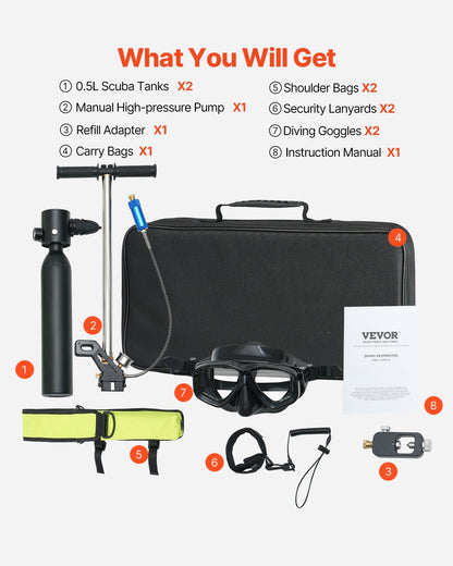 Scuba Tank, 0.5L Portable Diving Tank with Pump, Diving Oxygen Cylinder Supports 5-10 Minutes Underwater Breathing, 98.43 ft Diving Depth, Refillable Snorkel Air Tank for Underwater Exploration