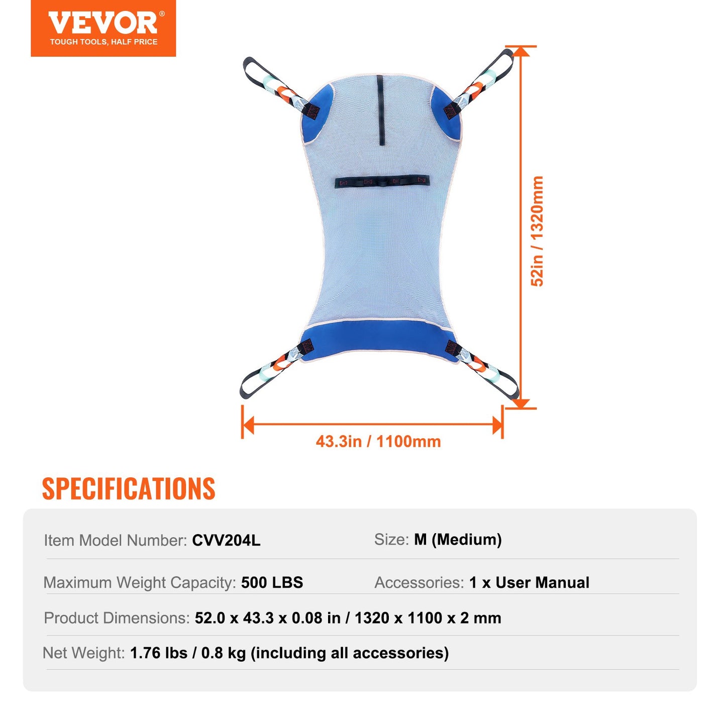Universal Full Body Patient Lift Sling - Medium, Patient Lift Medical Sling for Easy Transfer and Bathing, Polyester Patient Aid Transfer Sling for Elderly, Disabled, Bedridden, 500LBS Capacity