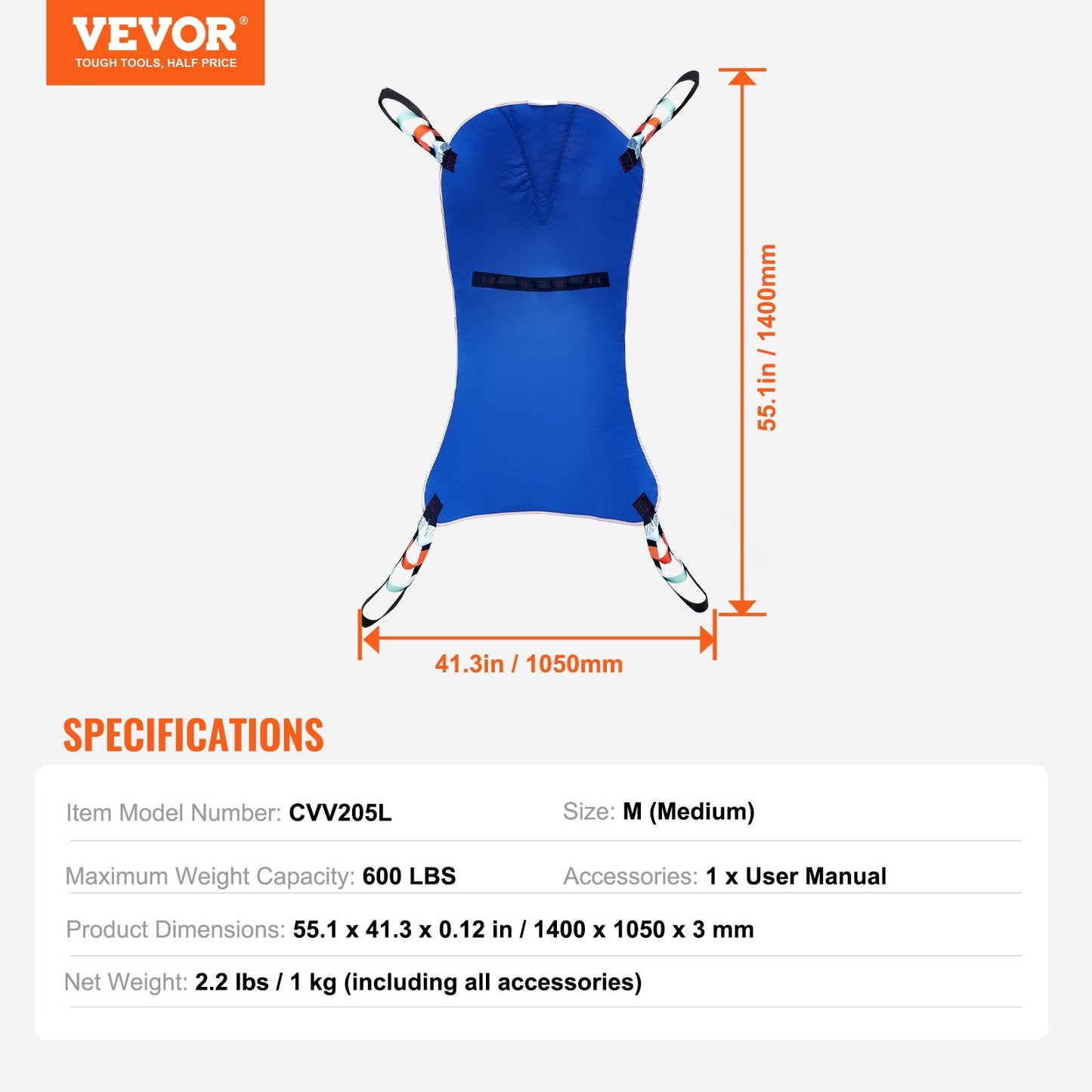 Universal Full Body Patient Lift Sling - Medium, Patient Lift Medical Sling for Easy Transfer and Bathing, Polyester Patient Aid Transfer Sling for Elderly, Disabled, Bedridden, 600LBS Capacity
