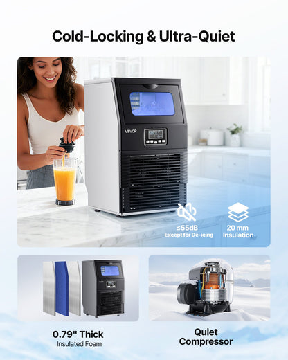 Commercial Ice Maker Machine, 80 lbs/24h with 12Lbs Storage, 32 Cubes per Cycle, Stainless Steel Freestanding & Countertop Ice Maker with LED Display & Self-Cleaning, for Home Bar Restaurant