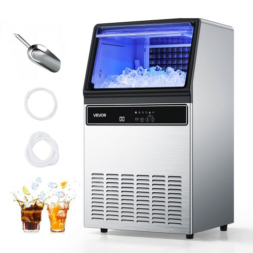 Commercial Ice Maker Machine, 130Lbs/24H with 33Lbs Storage, 45 Cubes per Cycle, Stainless Steel Freestanding & Under Counter Ice Maker with LED Display & Self-Cleaning, for Home Bar Restaurant