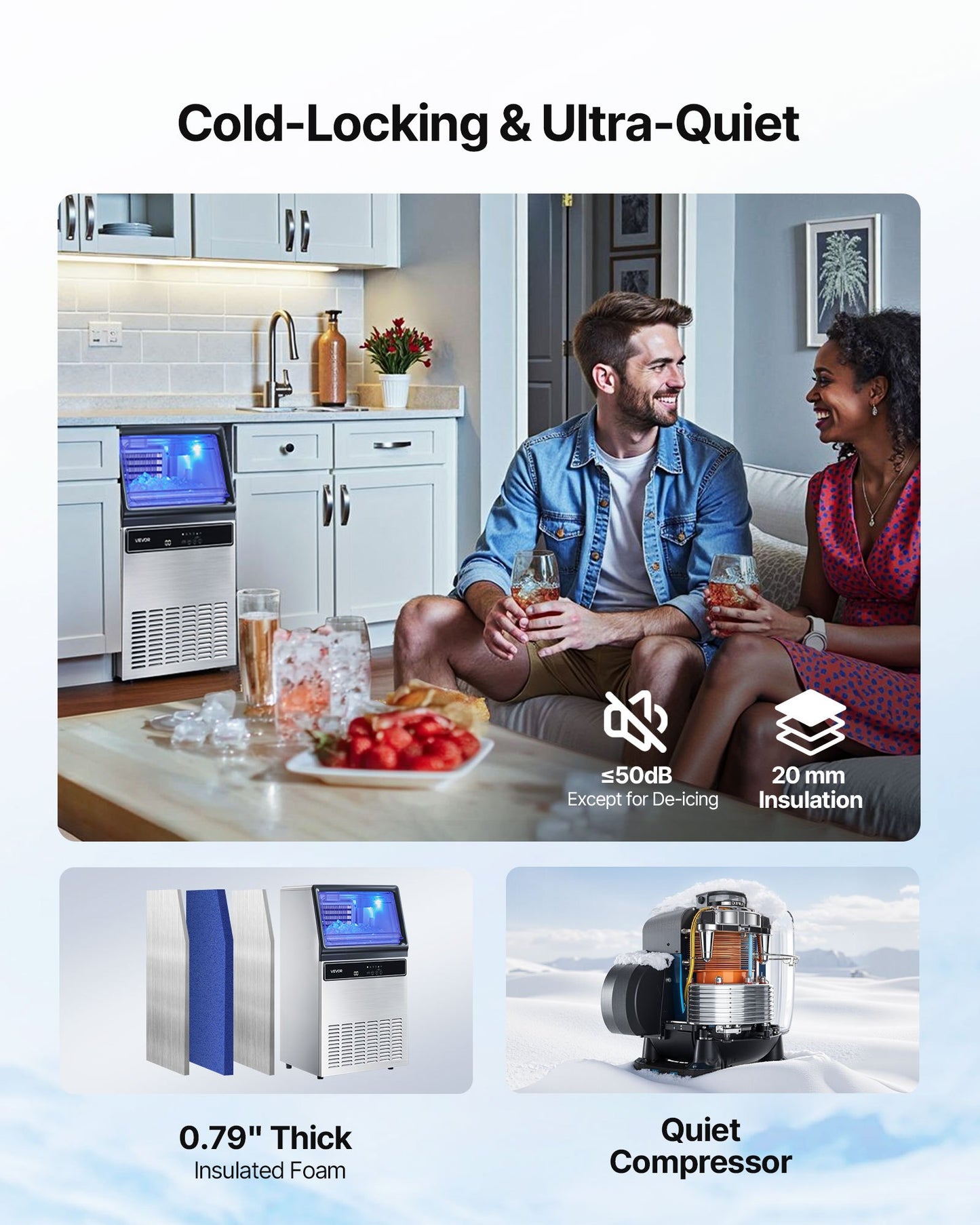 Commercial Ice Maker Machine, 130Lbs/24H with 33Lbs Storage, 45 Cubes per Cycle, Stainless Steel Freestanding & Under Counter Ice Maker with LED Display & Self-Cleaning, for Home Bar Restaurant