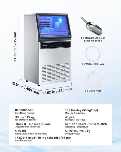 Commercial Ice Maker Machine, 130Lbs/24H with 33Lbs Storage, 45 Cubes per Cycle, Stainless Steel Freestanding & Under Counter Ice Maker with LED Display & Self-Cleaning, for Home Bar Restaurant