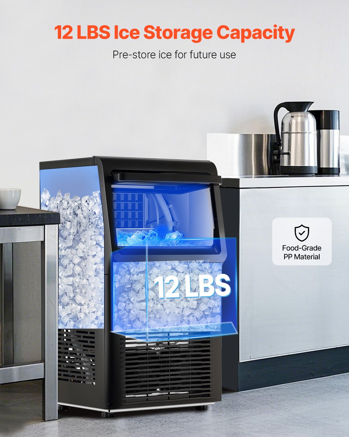 Commercial Ice Maker Machine, 70lbs/24H Ice Maker Machine with 12lbs Storage Capacity, 36 Ice Cubes in 15 Minutes, LED Digital Display Freestanding Self-Cleaning for Bar Office Restaurant