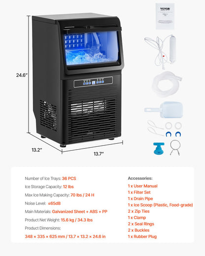 Commercial Ice Maker Machine, 70lbs/24H Ice Maker Machine with 12lbs Storage Capacity, 36 Ice Cubes in 15 Minutes, LED Digital Display Freestanding Self-Cleaning for Bar Office Restaurant