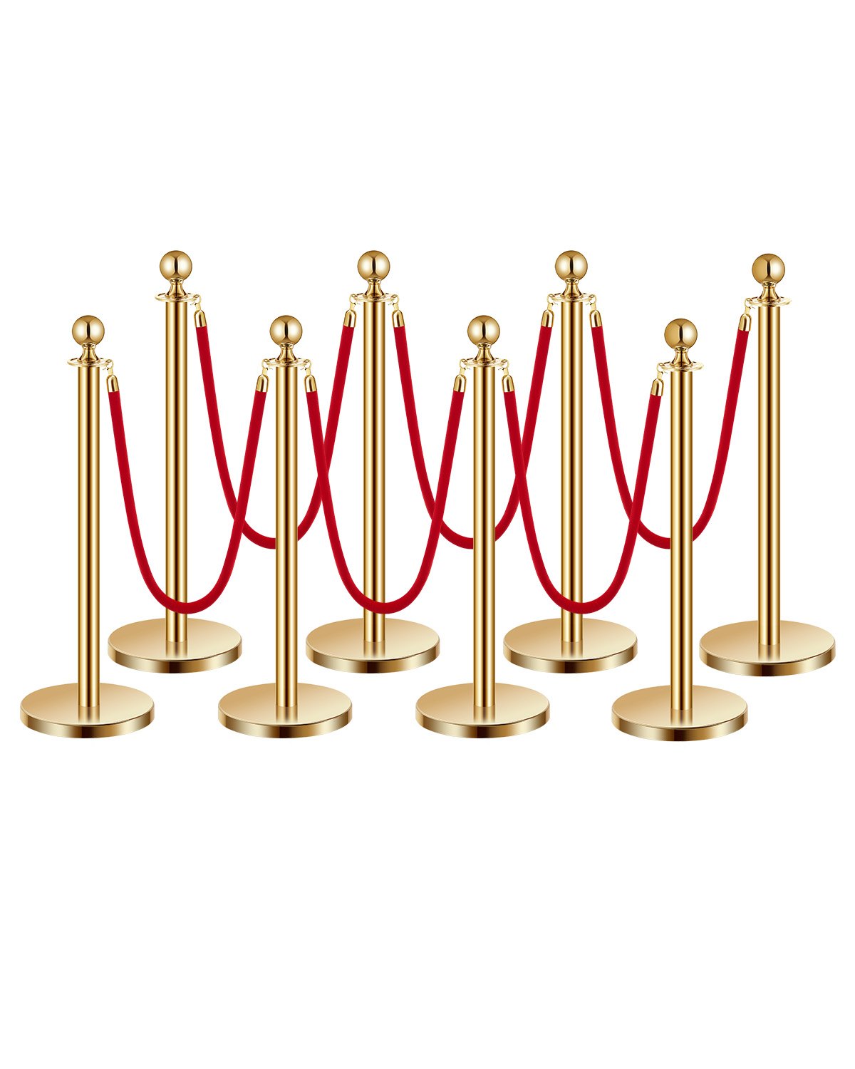 8pcs Gold Pole Post 6 Red Velvet Ropes Sand Injection Hollow Base