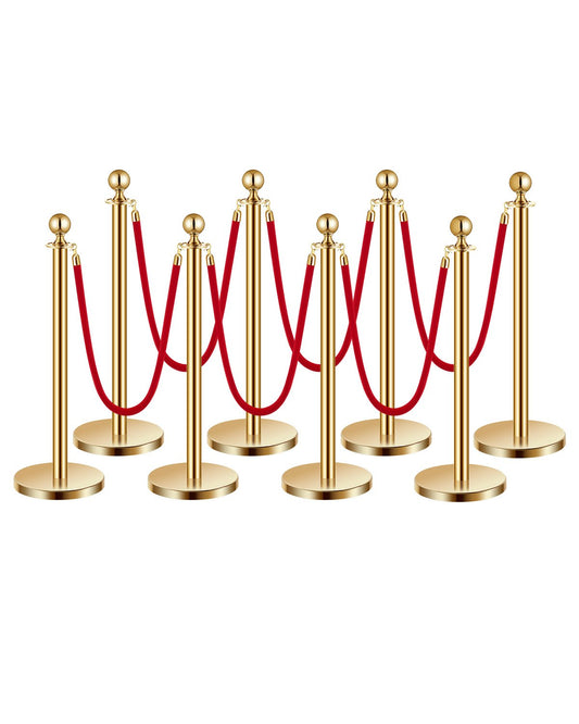 8pcs Gold Pole Post 6 Red Velvet Ropes Sand Injection Hollow Base