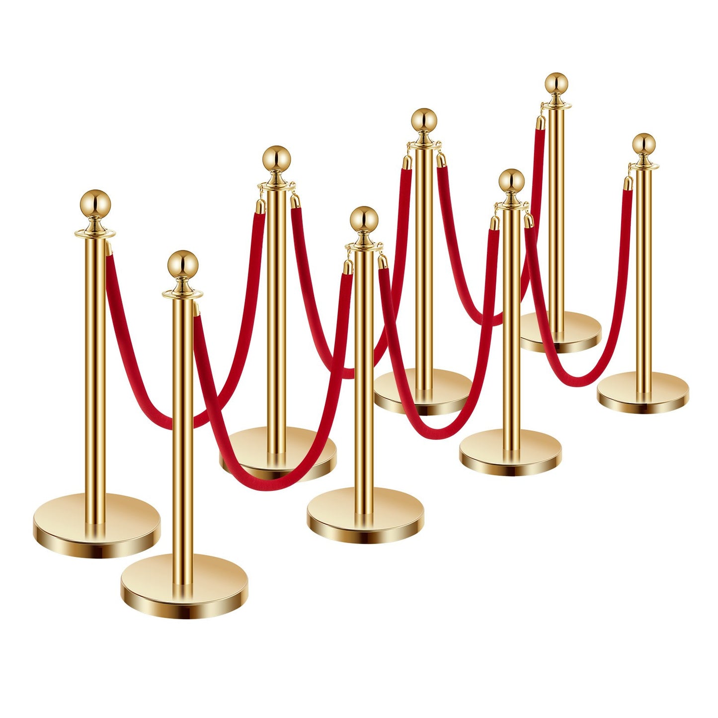8pcs Gold Pole Post 6 Red Velvet Ropes Sand Injection Hollow Base
