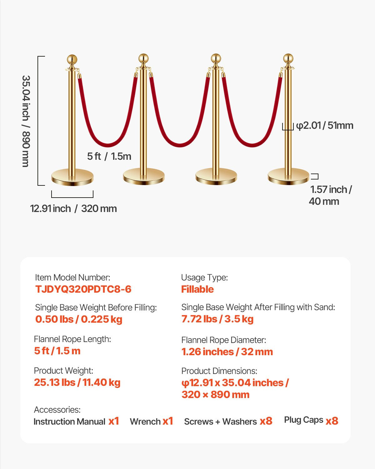 Stanchions and Velvet Ropes 8Pcs, Hollow Base with Stainless Steel Post, 6 Red Velvet Ropes and Posts, Crowd Control Barriers Gold Stanchions, Red Carpet Runner Poles for Party Supplies
