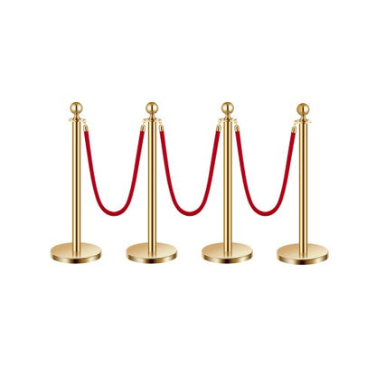 Stanchions and Velvet Ropes 4Pcs, Hollow Base with Stainless Steel Post, 3 Red Velvet Ropes and Posts, Crowd Control Barriers Gold Stanchions, Red Carpet Runner Poles for Party Supplies
