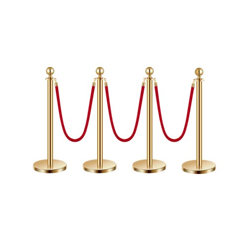 Stanchions and Velvet Ropes 4Pcs, Hollow Base with Stainless Steel Post, 3 Red Velvet Ropes and Posts, Crowd Control Barriers Gold Stanchions, Red Carpet Runner Poles for Party Supplies