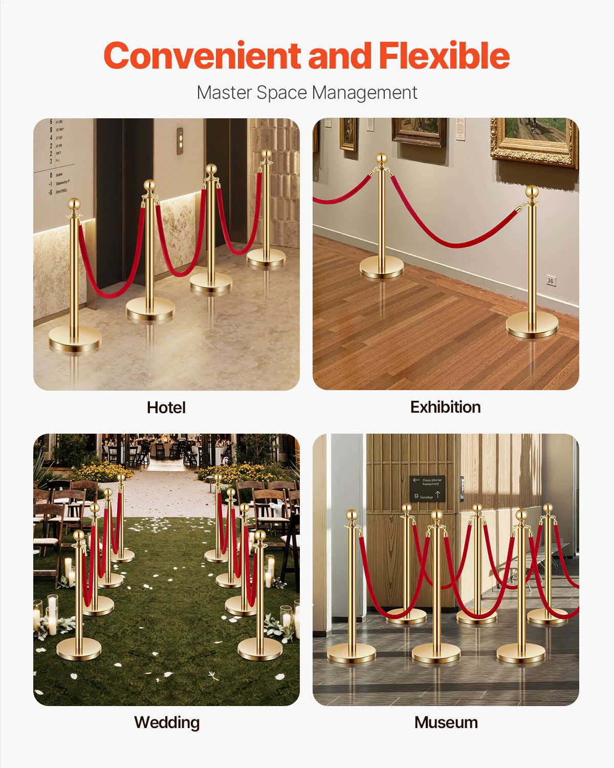 Stanchions and Velvet Ropes 4Pcs, Hollow Base with Stainless Steel Post, 3 Red Velvet Ropes and Posts, Crowd Control Barriers Gold Stanchions, Red Carpet Runner Poles for Party Supplies