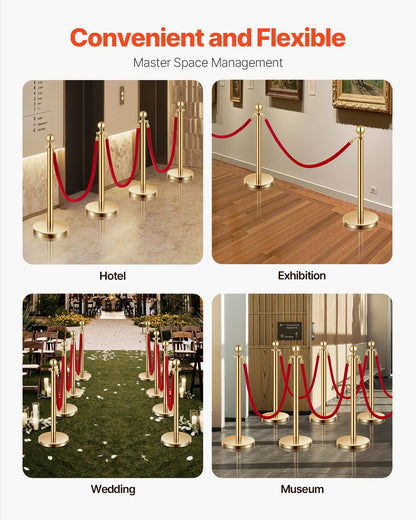 Stanchions and Velvet Ropes 4Pcs, Hollow Base with Stainless Steel Post, 3 Red Velvet Ropes and Posts, Crowd Control Barriers Gold Stanchions, Red Carpet Runner Poles for Party Supplies